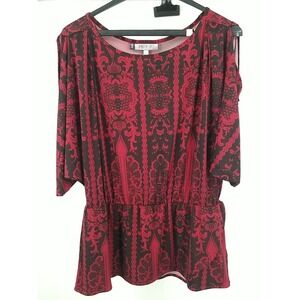 Jennifer Lopez JLO Stretchy Top Blouse Size Large L Red Black Print Slit Sleeves